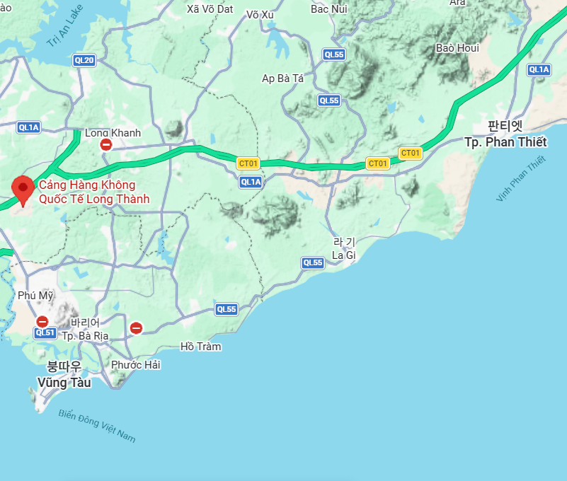 롱탄 공항에서 붕따우·무이네 코스트라인 연결 지도