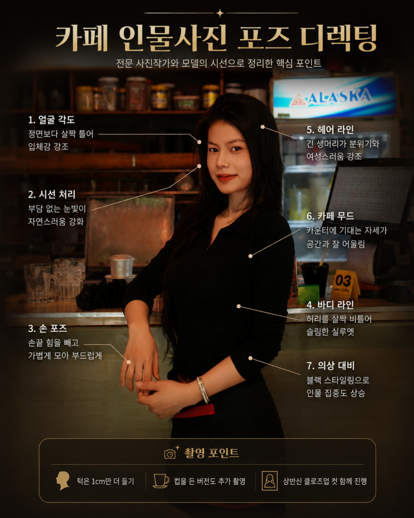 한쪽 팔을 카운터에 기댄 안정적인 자세, 살짝 튼 얼굴 각도, 따뜻한 배경 조명까지 — 좋은 카페 인물사진의 요소들.